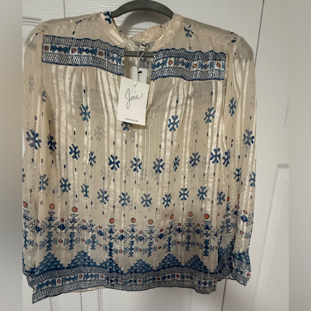 Joie Cream Sheer Blouse with Blue Embroidery and Orange Accents